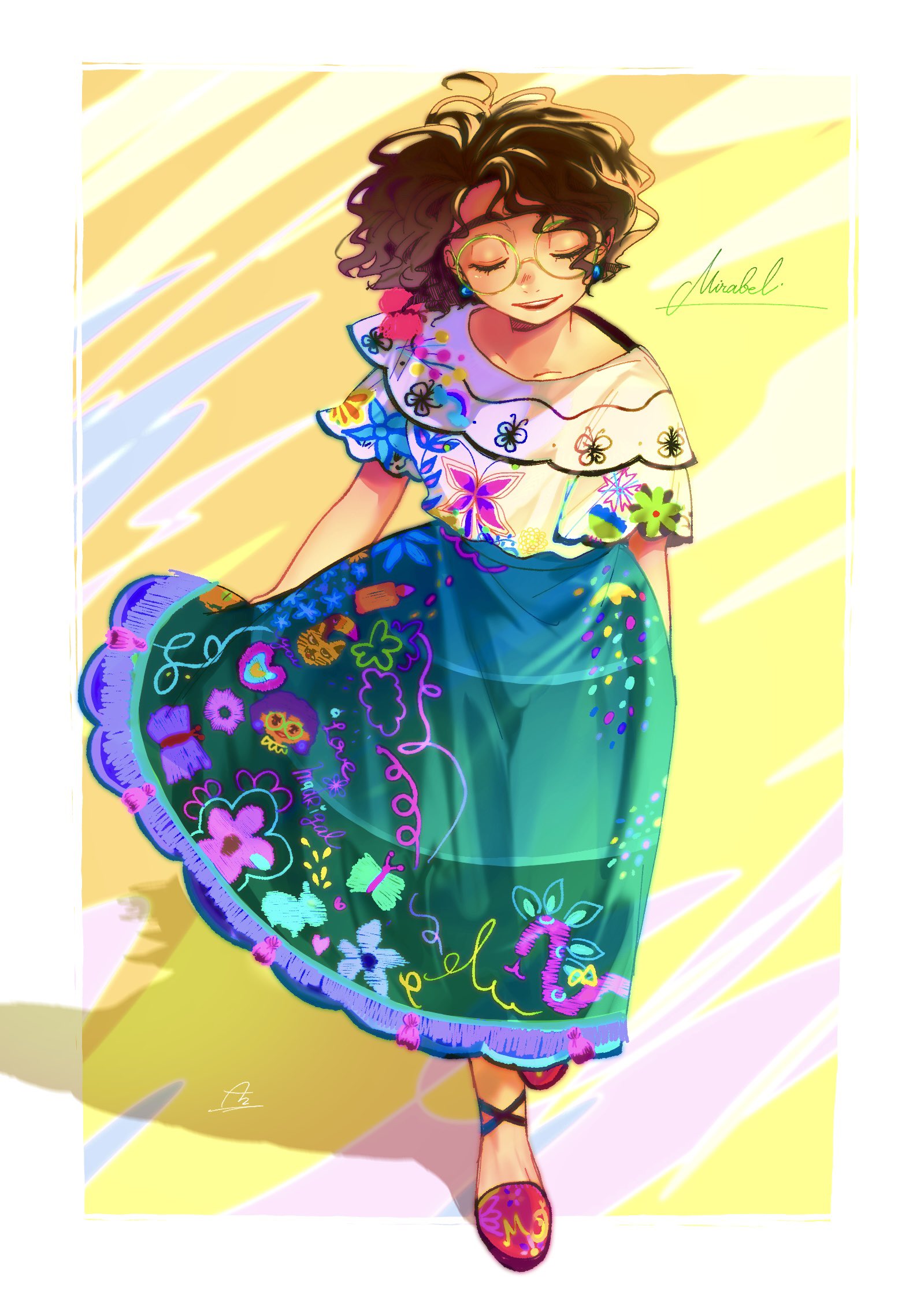 mirabel madrigal, encanto, highres, 1girl, azumayayaya, brown eyes, brown hair, colombian clothes, curly hair, dark-skinned female, dark skin, earrings, embroidery, glasses, green-framed eyewear, jewelry, round eyewear, shirt, short hair, simple background, skirt, smile, solo, thick eyebrows