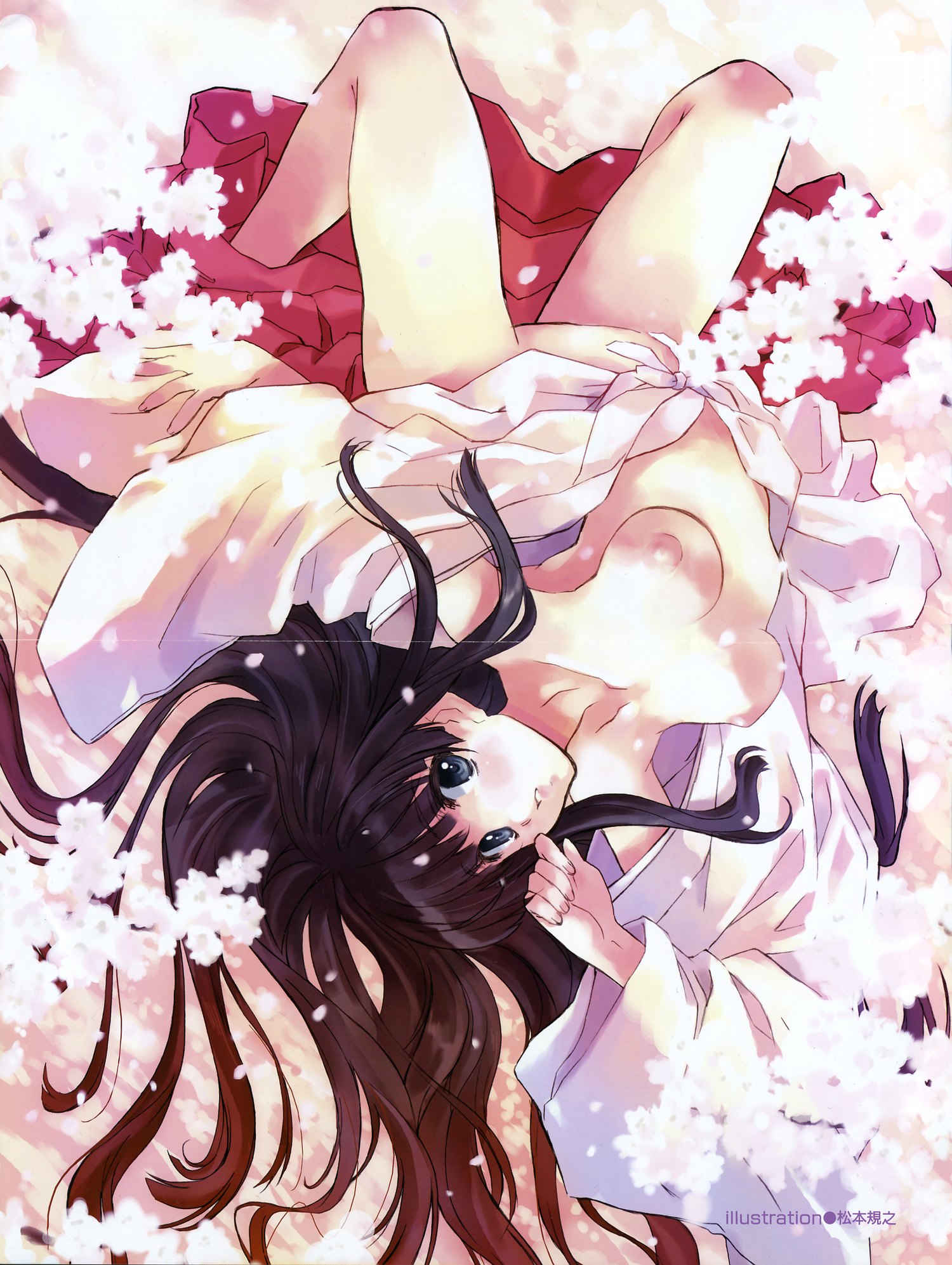 matsumoto noriyuki, comic aun, original, highres, scan, 1girl, blue eyes, breasts, brown hair, cherry blossoms, crease, female focus, flower, hakama, hakama skirt, japanese clothes, kimono, legs, long hair, looking at viewer, medium breasts, miko, nipples, nude, open clothes, petals, red hakama, skirt, solo, upside-down