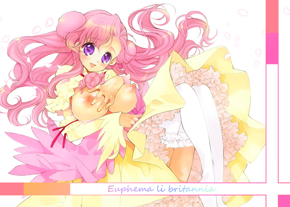 edoya pochi, inukkoro, euphemia li britannia, code geass, 00s, 1girl, breasts, donut hair bun, female focus, hair bun, large breasts, long hair, petals, pink hair, purple eyes, solo, thighhighs
