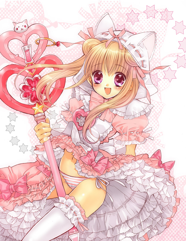 edoya pochi, inukkoro, original, 1girl, :d, animal ears, animal hood, between legs, blush, brown hair, cat hood, clothes lift, double bun, dress, dress lift, female focus, hair bun, hood, magical girl, navel, open mouth, panties, pink eyes, puffy short sleeves, puffy sleeves, ribbon, ribbon-trimmed legwear, ribbon-trimmed sleeves, ribbon trim, short sleeves, side-tie panties, skirt, skirt lift, smile, solo, staff, striped clothes, striped panties, thighhighs, twintails, underwear, upskirt, white thighhighs, wind, wind lift