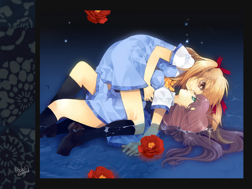edoya pochi, inukkoro, aizawa yasumi, akita momoko, aoi shiro, 2girls, brown hair, flower, green eyes, long hair, lying, multiple girls, tears, water, yuri