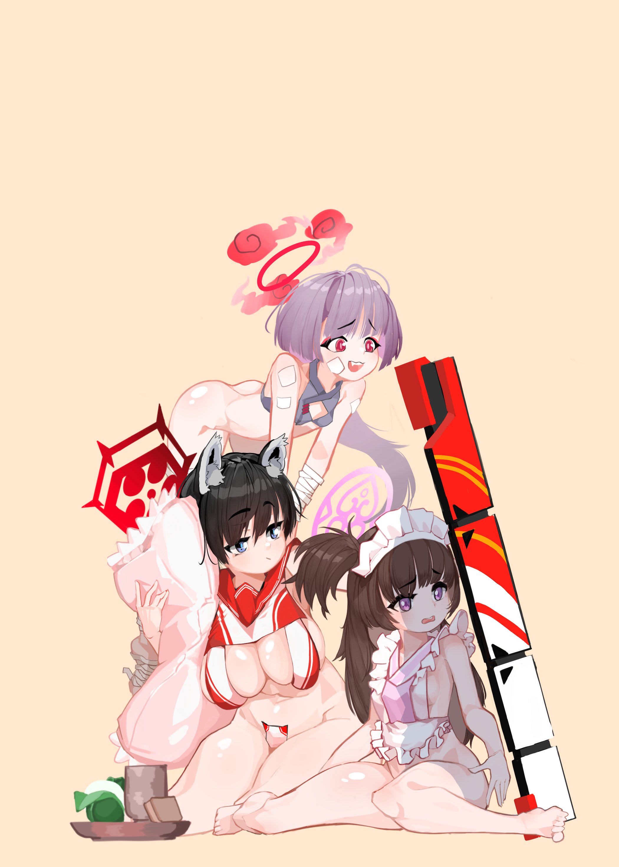 dthmns, shizuko (blue archive), shuro (blue archive), tsubaki (blue archive), blue archive, absurdres, highres, 3girls, animal ears, apron, arched back, ass, bandaged arm, bandages, black eyes, black hair, bottomless, breasts, brown hair, cleavage, gauze, gauze on cheek, gauze on face, grey hair, halo, hanging breasts, holding, holding pillow, large breasts, multiple girls, naked apron, no panties, pillow, purple eyes, red hair, red halo, shield, short hair, sideboob, simple background, sitting, small breasts, tea, tray, wariza, white apron, yellow background