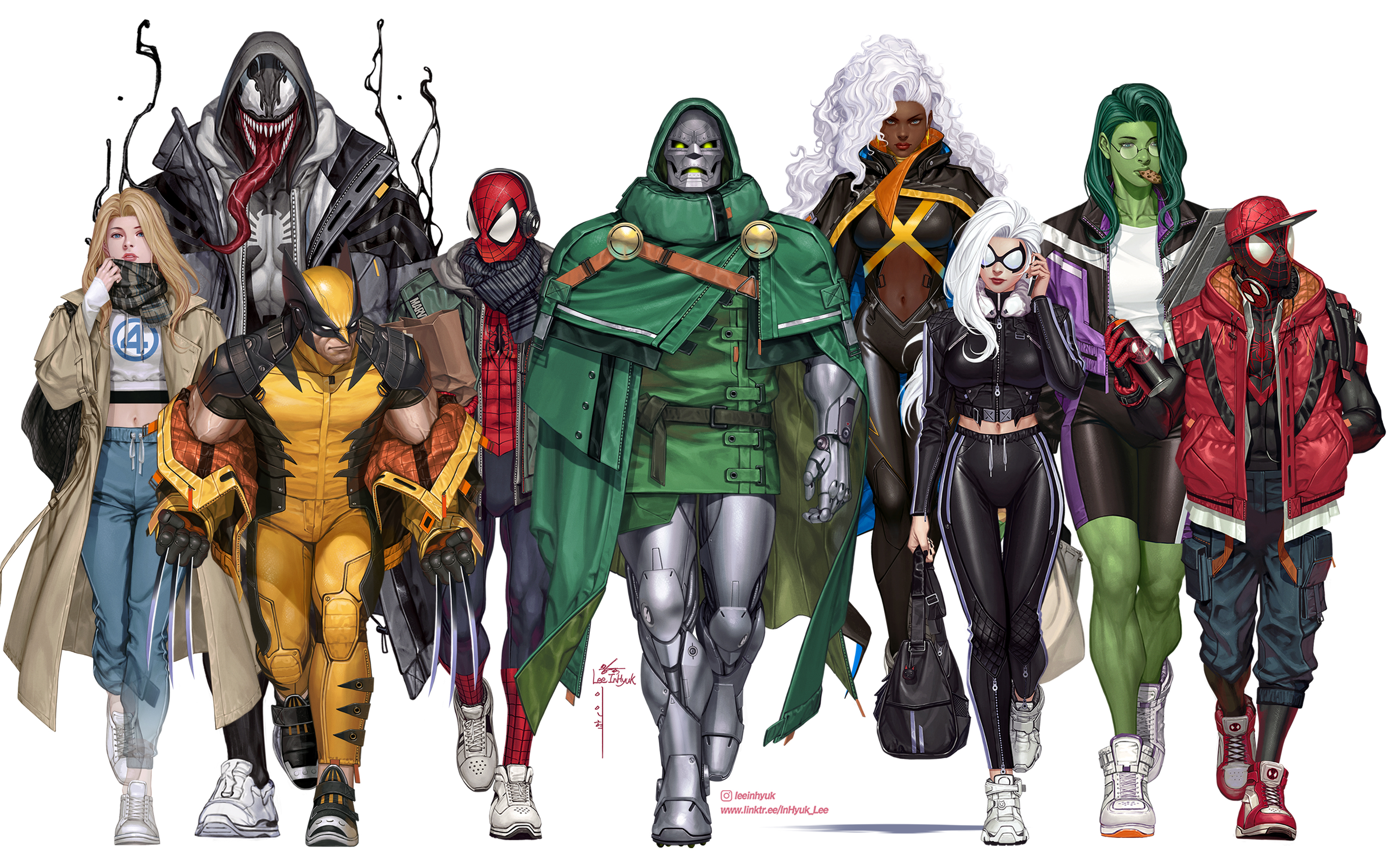 in-hyuk lee, black cat (marvel), doctor doom, felicia hardy, miles morales, she-hulk, spider-man, spider-man (miles morales), storm (x-men), sue storm, venom (marvel), wolverine (x-men), fantastic four, marvel, marvel vs. capcom, marvel vs. capcom 3, spider-man (series), spider-verse, x-men, highres, animal print, armor, blonde hair, breasts, cape, claw (weapon), coat, colored skin, crossover, gloves, green hood, green skin, hat, hood, long hair, long tongue, looking at viewer, mask, monster boy, multiple boys, multiple girls, muscular, muscular female, navel, pants, sharp teeth, smile, spider print, spider web print, superhero costume, symbiote, teeth, tongue, tongue out, very long tongue, vest, weapon, white hair, yoga pants