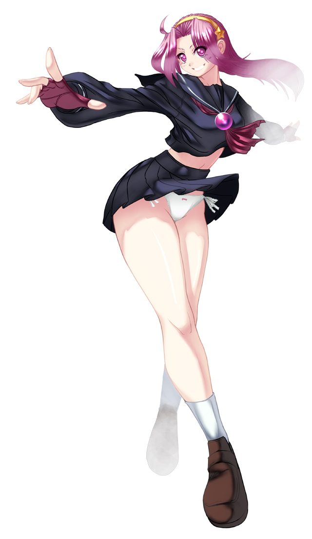 pinyshi, asamiya athena, snk, the king of fighters, bad id, bad pixiv id, 1girl, black serafuku, crossed legs, female focus, fingerless gloves, gloves, hairband, legs, long hair, panties, pantyshot, pink eyes, pink hair, school uniform, serafuku, shoes, side-tie panties, smile, socks, solo, standing, thick thighs, thighs, underwear, watson cross, white background