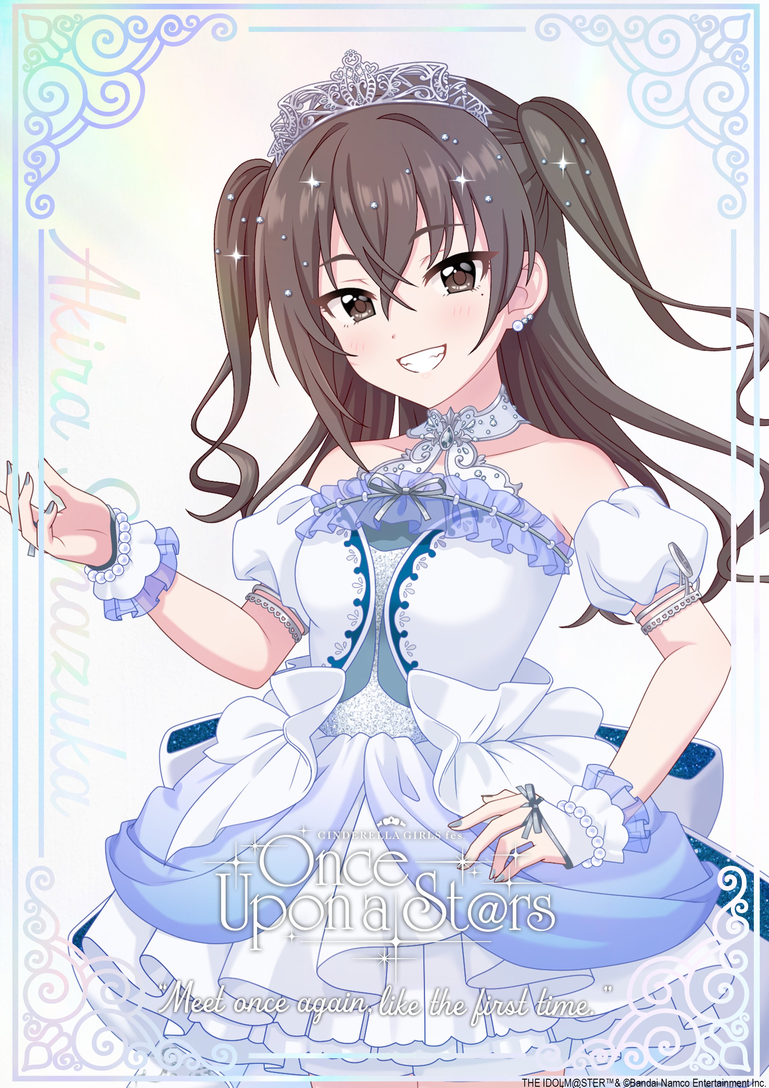sunazuka akira, idolmaster, idolmaster cinderella girls, idolmaster cinderella girls starlight stage, official art, 1girl, armlet, brown eyes, brown hair, dress, earrings, english text, fingerless gloves, gloves, grin, hair ornament, hand up, idol clothes, jewelry, nail polish, smile, solo, tiara, twintails