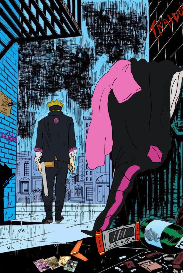 boruto uzumaki, boruto: naruto next generations, marvel, naruto (series), spider-man (series), derivative work, tagme, blonde hair, city, comic panel redraw, from behind, jacket, rain, road, street, sword, weapon