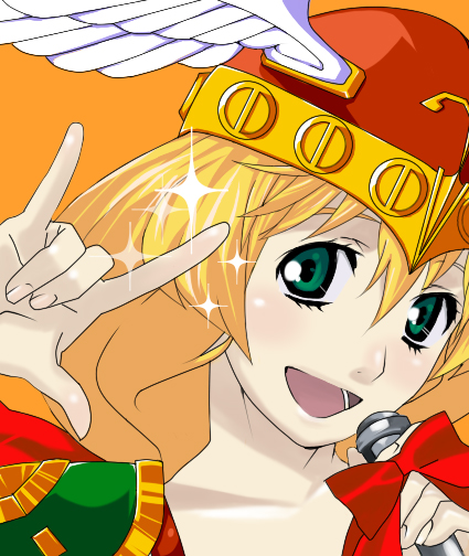 valkyrie (vnd), namco, valkyrie no densetsu, 1girl, blonde hair, female focus, helmet, m/, meme, microphone, parody, seikan hikou, smile, solo, valkyrie, winged helmet