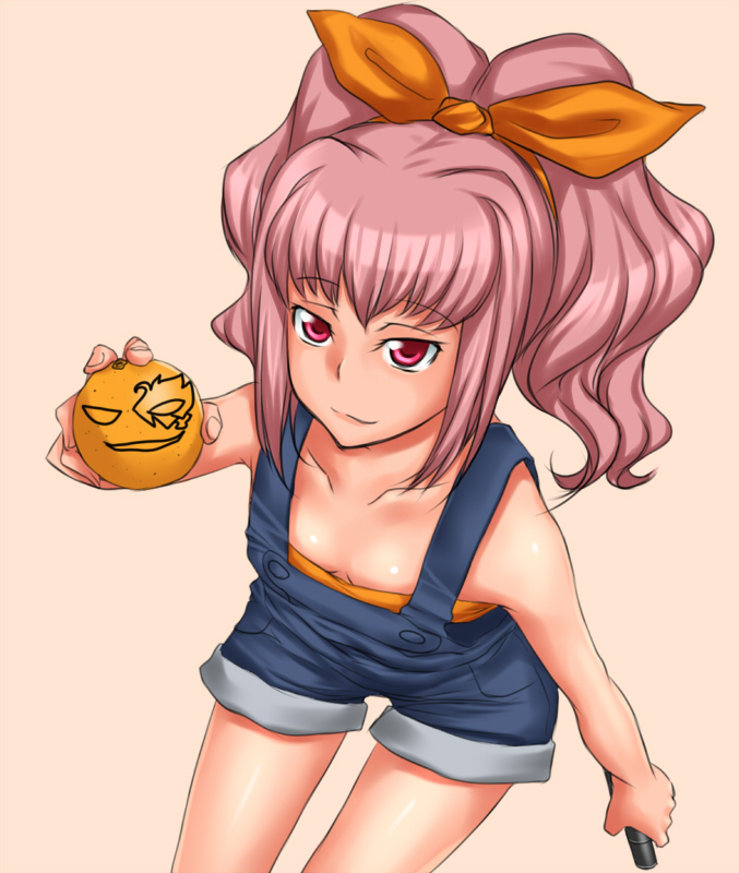 rokuichi, anya alstreim, code geass, 00s, food, fruit, orange (fruit), overall shorts, overalls, pink hair, red eyes, solo