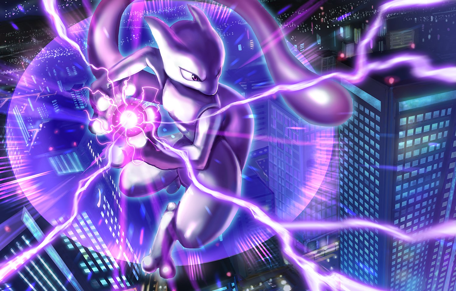 maruo yukihiro, mewtwo, nintendo, pokemon, building, cat tail, city lights, cityscape, colored skin, creature, electricity, fighting stance, flying, full body, furrowed brow, gen 1 pokemon, glowing, glowing hand, legendary pokemon, night, no humans, own hands together, pokemon (creature), purple eyes, purple skin, skyscraper, tail
