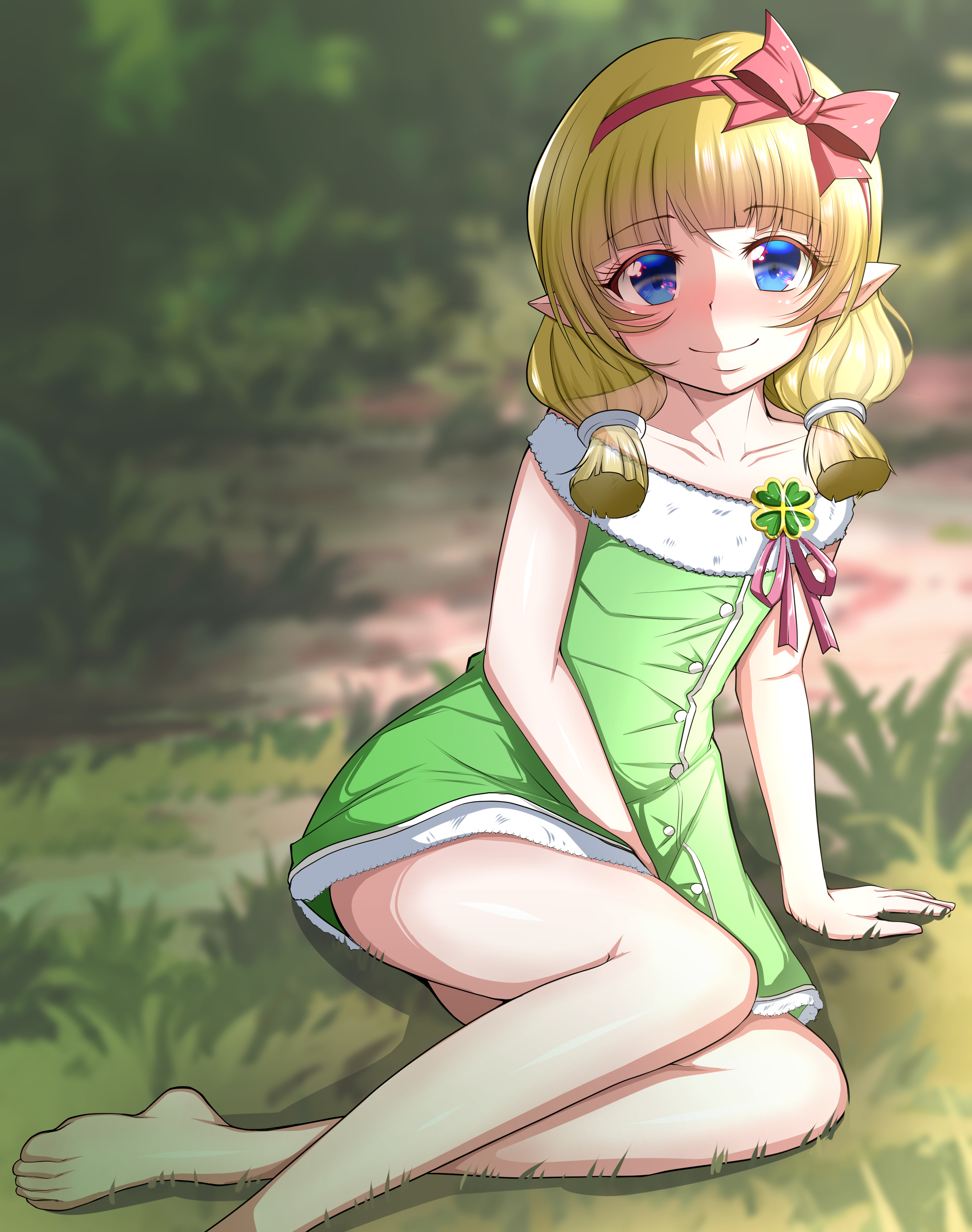 doriane dojin, fam valhoef, iris mysteria!, absurdres, highres, 1girl, barefoot, blonde hair, blush, come hither, dress, green dress, hair tie, hairband, looking at viewer, low twintails, meadow, nose blush, off-shoulder dress, off shoulder, official alternate costume, pointy ears, red hairband, red ribbon, ribbon, ribbon-trimmed hairband, sitting, smile, thighs, twintails