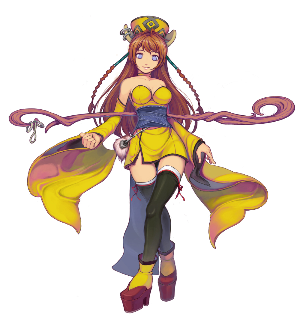 kurokurokuro, original, blue eyes, braid, detached sleeves, hat, legs, long hair, orange hair, solo, staff, thighhighs, zettai ryouiki