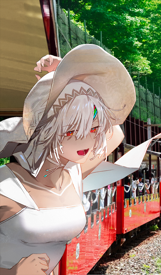 huke, altera (fate), fate/grand order, fate (series), commentary request, game cg, official art, third-party source, 1girl, blue pupils, choker, dark-skinned female, dark skin, day, dress, facial mark, forehead mark, hair between eyes, hat, leaning out of window, official alternate costume, on train, open mouth, outdoors, photo background, red eyes, smile, solo, sun hat, train, upper body, veil, white choker, white dress, white hair, white veil