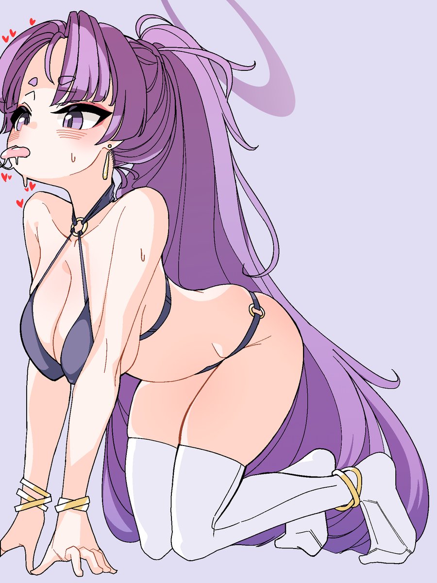 dthmns, yukari (blue archive), blue archive, highres, breasts, full body, grey background, halo, hanging breasts, heart, kneeling, large breasts, long hair, purple eyes, purple hair, saliva, saliva trail, swimsuit, thighhighs, tongue, tongue out, white thighhighs