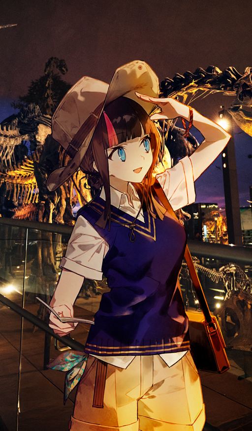 noco (adamas), utsumi erice, fate/grand order, fate (series), commentary request, game cg, official art, third-party source, 1girl, :d, bag, black hair, blue eyes, blue sweater vest, blunt bangs, bracelet, breasts, brown hat, brown shorts, chin strap, cowboy shot, hand up, hat, holding, jewelry, looking up, medium hair, night, official alternate costume, open mouth, outdoors, photo background, shirt, short sleeves, shorts, shoulder bag, sidelocks, single hair streak, smile, solo, standing, sweater vest, white shirt, wing collar