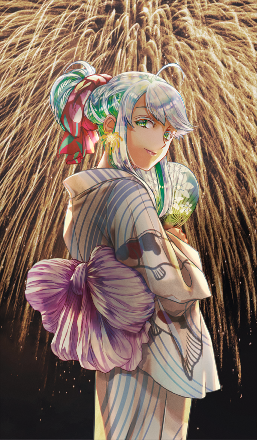 hiroe rei, kukulkan (fate), fate/grand order, fate (series), commentary request, game cg, hairstyle request, official art, third-party source, 1girl, aerial fireworks, ahoge, closed mouth, colored eyelashes, cowboy shot, earrings, fireworks, green eyes, hair ribbon, hand fan, holding, holding fan, japanese clothes, jewelry, kimono, lips, long sleeves, looking at viewer, looking back, night, night sky, obi, outdoors, paper fan, photo background, purple sash, ribbon, sash, short hair, sidelocks, sky, smile, solo, standing, uchiwa, white hair, white kimono, wide sleeves