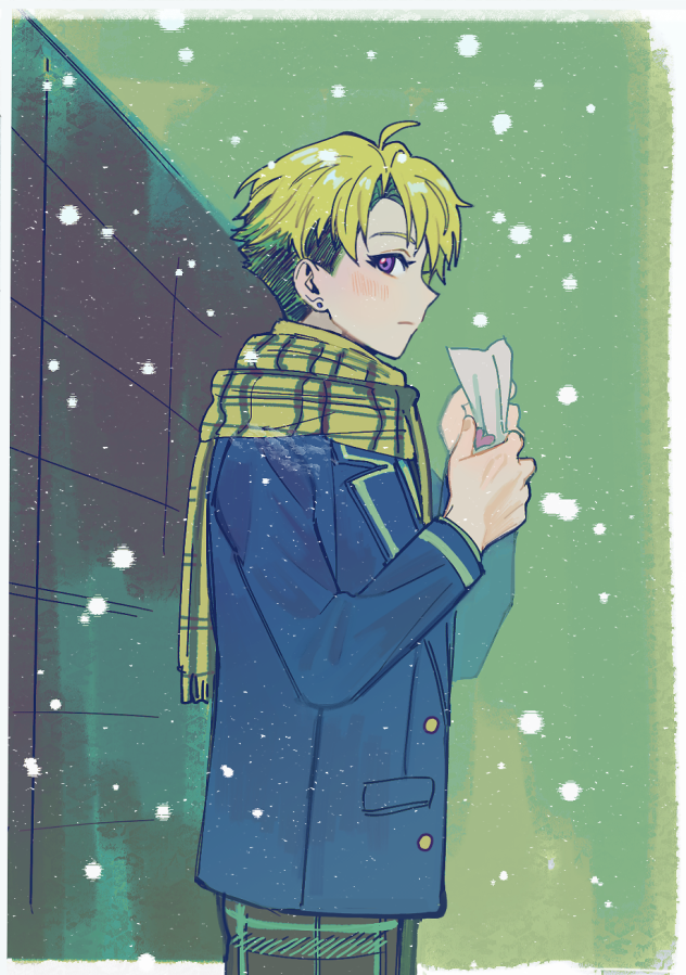 narukami arashi, ensemble stars!, 1boy, ahoge, black pants, blazer, blonde hair, blue jacket, blush, border, curtained hair, dnm5rocfa8yskqw, earrings, eyelashes, fingernails, fringe trim, from side, hands up, hatching (texture), holding, holding paper, jacket, jewelry, lapels, light frown, linear hatching, long sleeves, looking at viewer, male focus, notched lapels, outdoors, outside border, pants, paper, parted bangs, plaid clothes, plaid pants, plaid scarf, profile, purple eyes, scarf, school uniform, short hair, snowing, solo, standing, stud earrings, undercut, white border, white trim, yellow scarf, yumenosaki school uniform