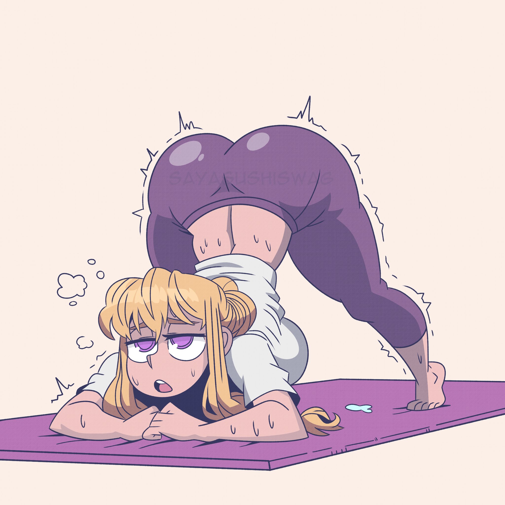 sayasushiswag, yakumo yukari, touhou, highres, 1girl, alternate costume, alternate hairstyle, ass, blonde hair, breasts, hair bun, jack-o' challenge, large breasts, leggings, long hair, open mouth, purple eyes, sidelocks, solo, sportswear, spread legs, sweat