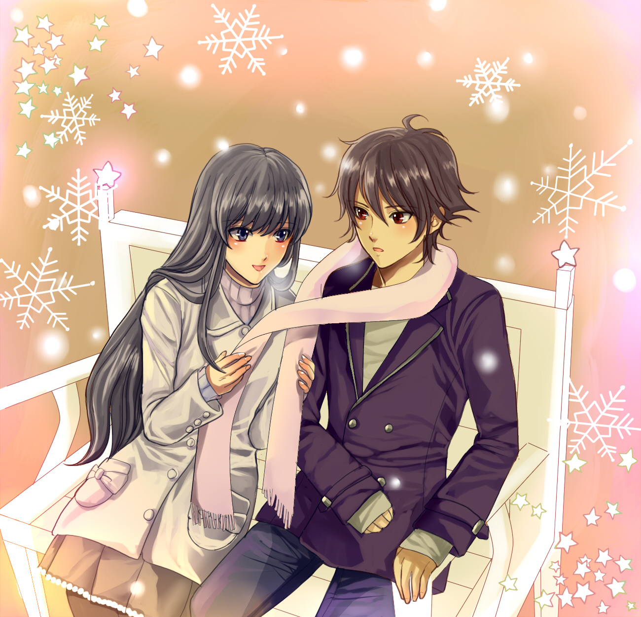 ask, ask (densicho), marina ismail, setsuna f. seiei, gundam, gundam 00, highres, 00s, 1boy, 1girl, :d, ahoge, bench, black hair, black pantyhose, blush, brown hair, brown skirt, couple, long hair, long sleeves, open mouth, outdoors, pants, pantyhose, pink scarf, scarf, skirt, smile, very long hair