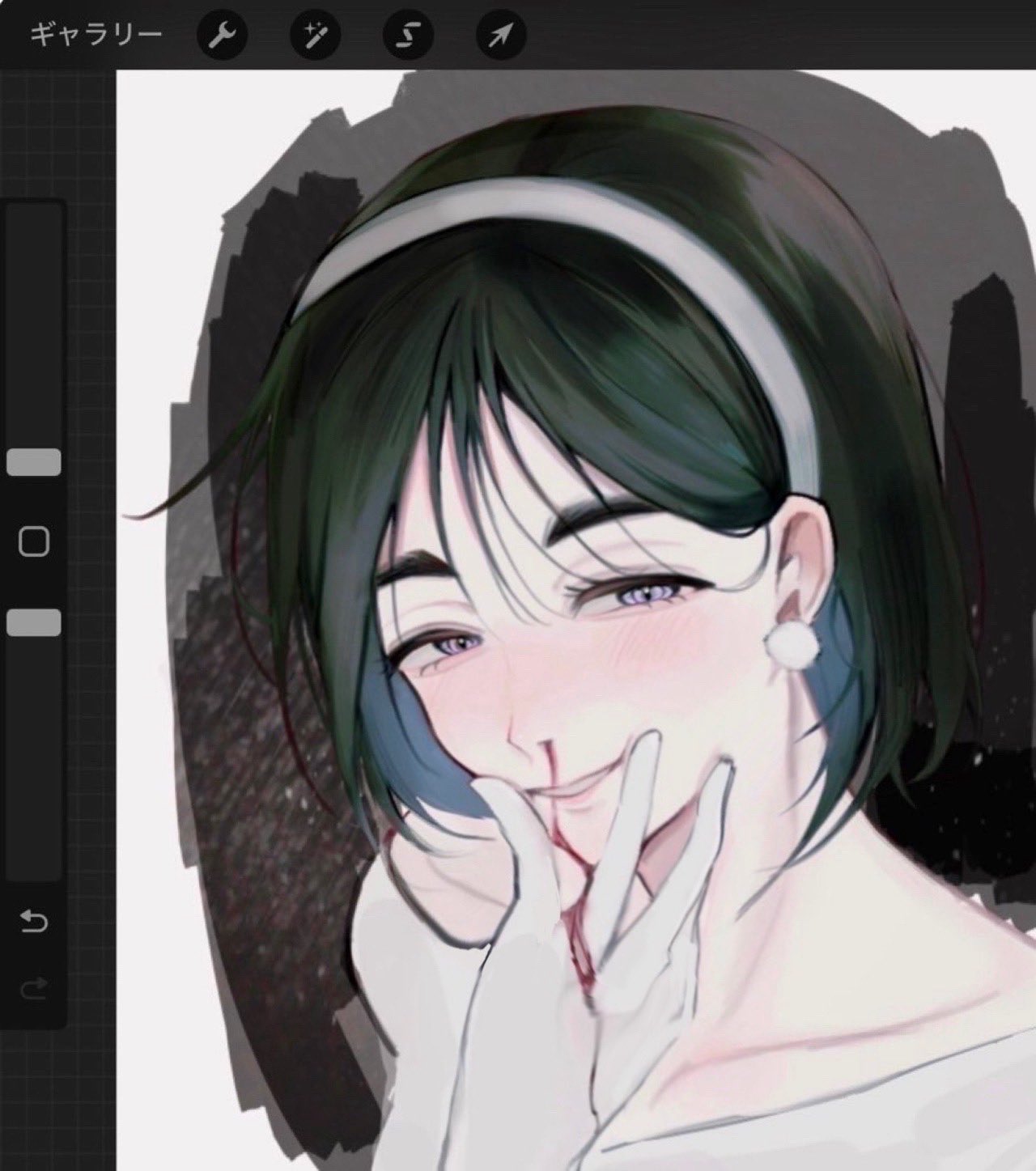 sua (alien stage), alien stage, highres, 1girl, art program in frame, black hair, blood, bulk cow, earrings, gloves, grey eyes, hairband, hand on own face, jewelry, looking at viewer, nosebleed, short hair, smile, solo, white gloves, white hairband