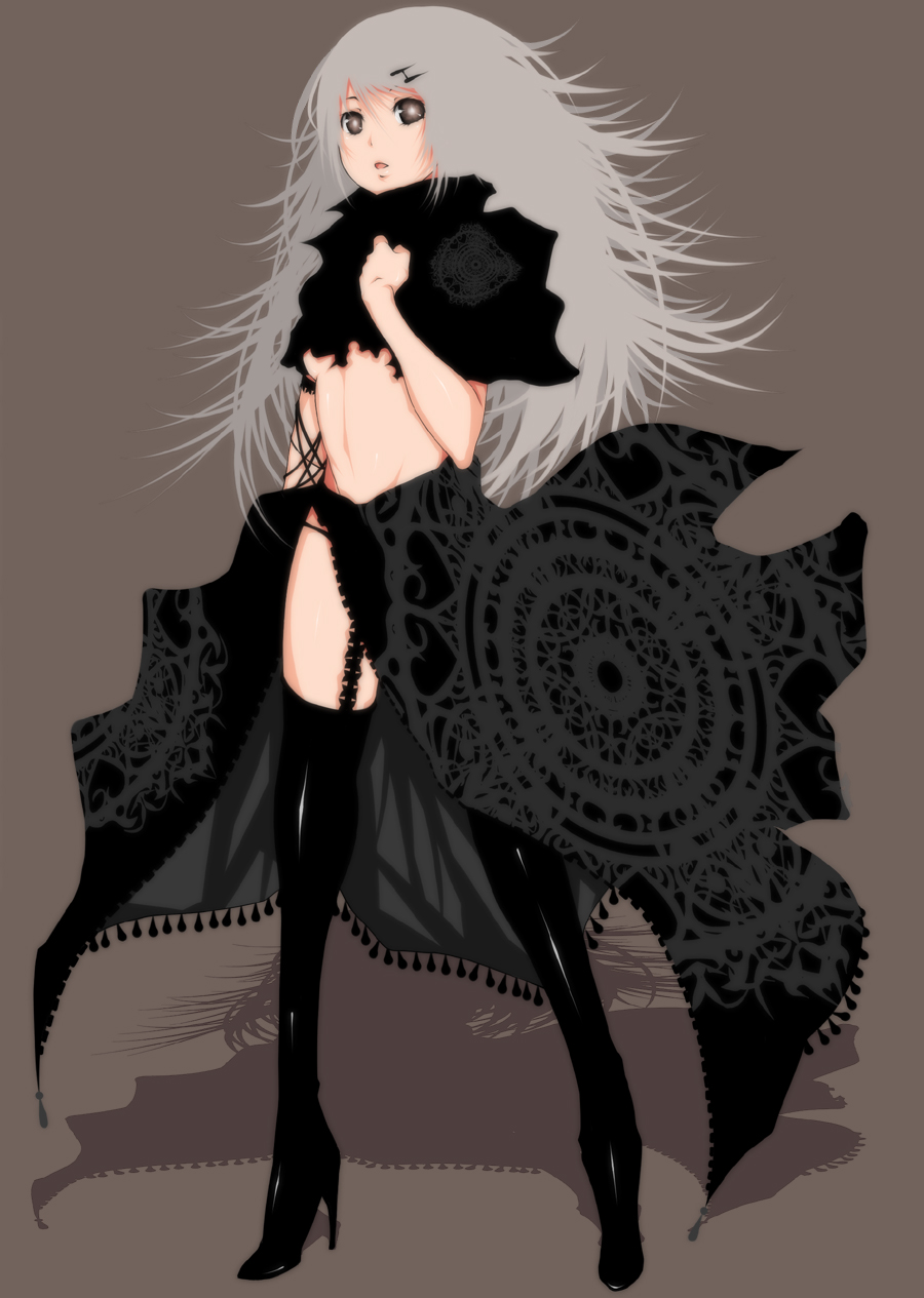 viola (seed), original, silver hair, bad id, bad pixiv id, highres, 1girl, boots, female focus, garter belt, grey eyes, high heels, long hair, shoes, solo, thigh boots, thighhighs