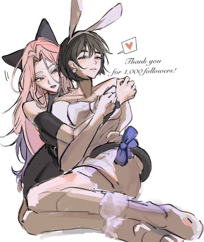 mizi (alien stage), sua (alien stage), alien stage, commentary, english commentary, 2girls, animal ears, bite mark, bite mark on shoulder, black dress, black hair, blue bow, boots, bow, bulk cow, cat girl, cat tail, dress, english text, fang, heart, long hair, milestone celebration, multiple girls, parted lips, pink hair, rabbit ears, short hair, sitting, skin fang, spoken heart, tail, tail bow, tail ornament, white boots, white dress, yuri