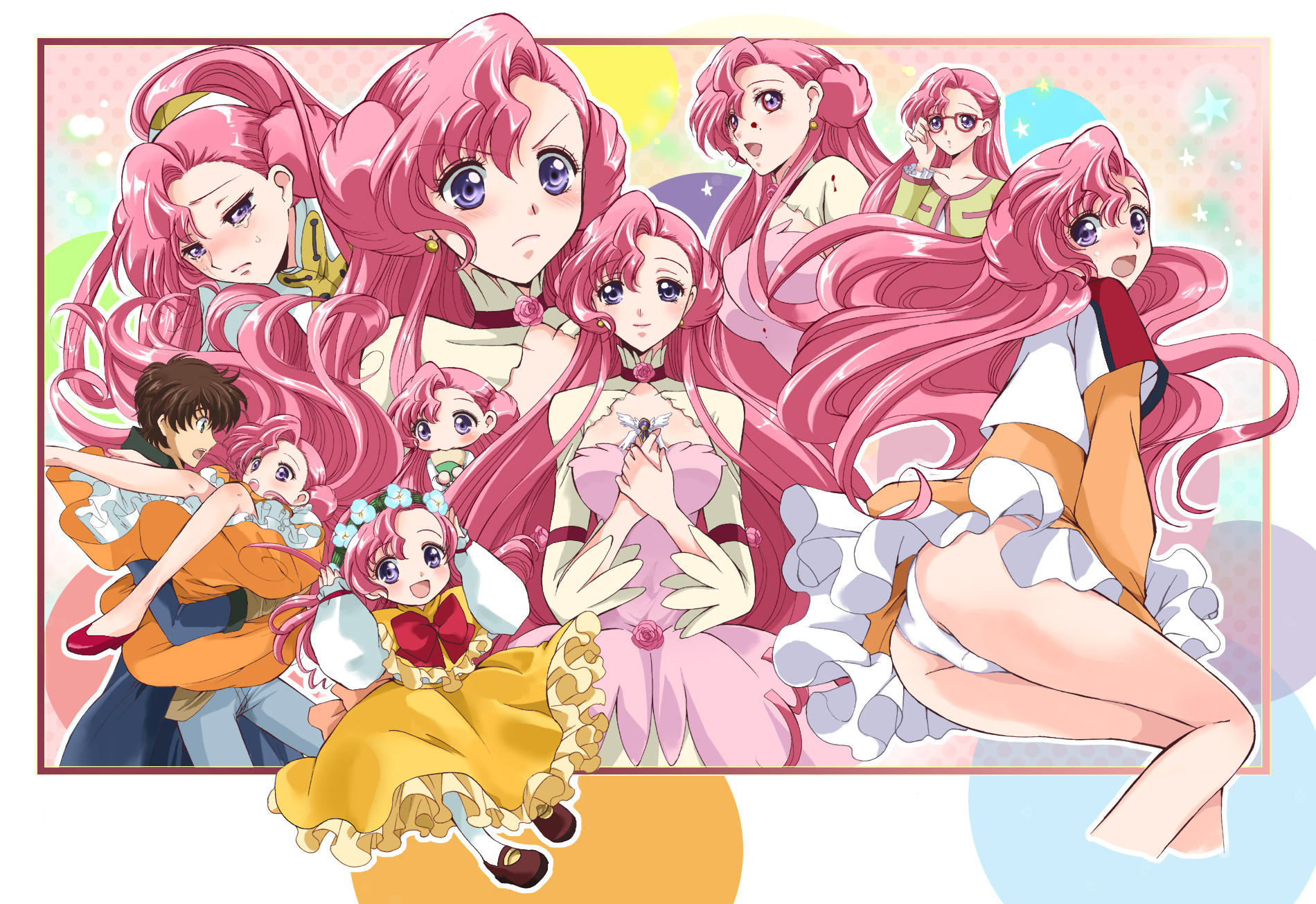 akina tsukako, euphemia li britannia, kururugi suzaku, code geass, highres, 00s, 1boy, 1girl, aged down, ass, blood, clothes lift, collage, donut hair bun, glasses, hair bun, head wreath, long hair, mind control, panties, pink hair, purple eyes, skirt, skirt lift, tears, underwear, wind, wind lift, yandere
