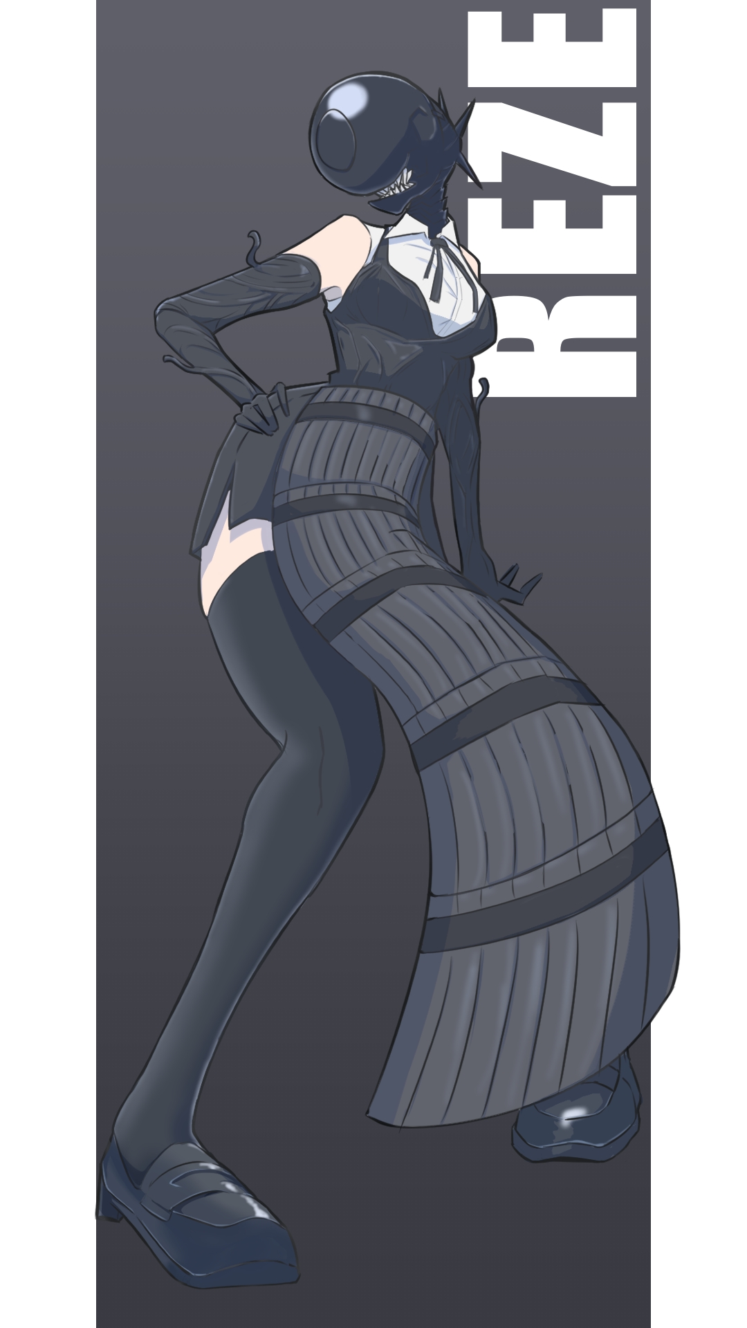 oushi (04 desuu), bomb devil (chainsaw man), chainsaw man, highres, 1girl, apron, black apron, black gloves, black ribbon, black shoes, black shorts, black thighhighs, collared shirt, dynamite, elbow gloves, explosive, gloves, hand on own hip, loafers, neck ribbon, object head, ribbon, shirt, shoes, shorts, solo, standing, teeth, thighhighs, white shirt
