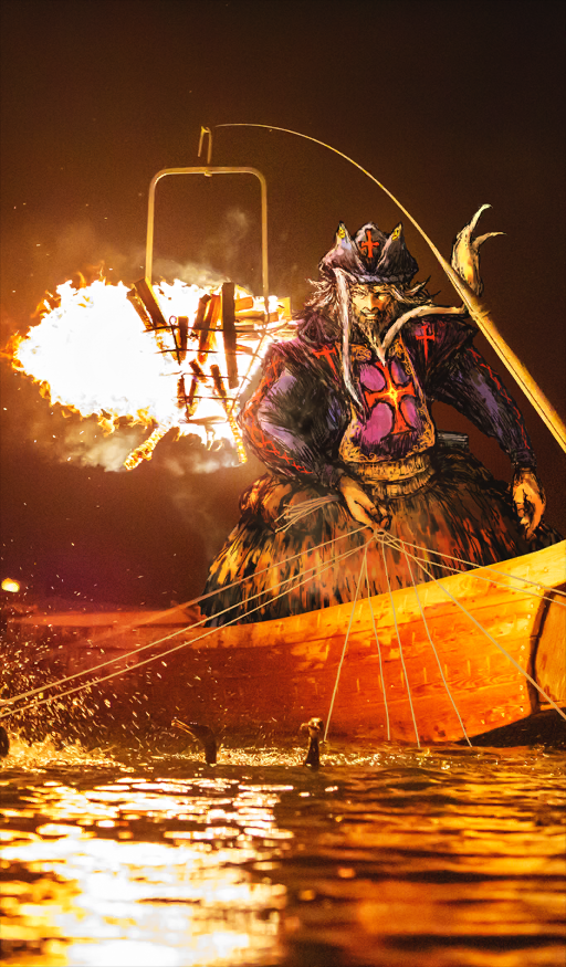 moto murabito, christopher columbus (fate), fate/grand order, fate (series), commentary request, game cg, official art, third-party source, 1boy, beard, bird, boat, cormorant, embers, facial hair, fire, hat, holding, long beard, long sleeves, male focus, night, old, old man, on boat, outdoors, photo background, solo, standing, water, watercraft, white hair
