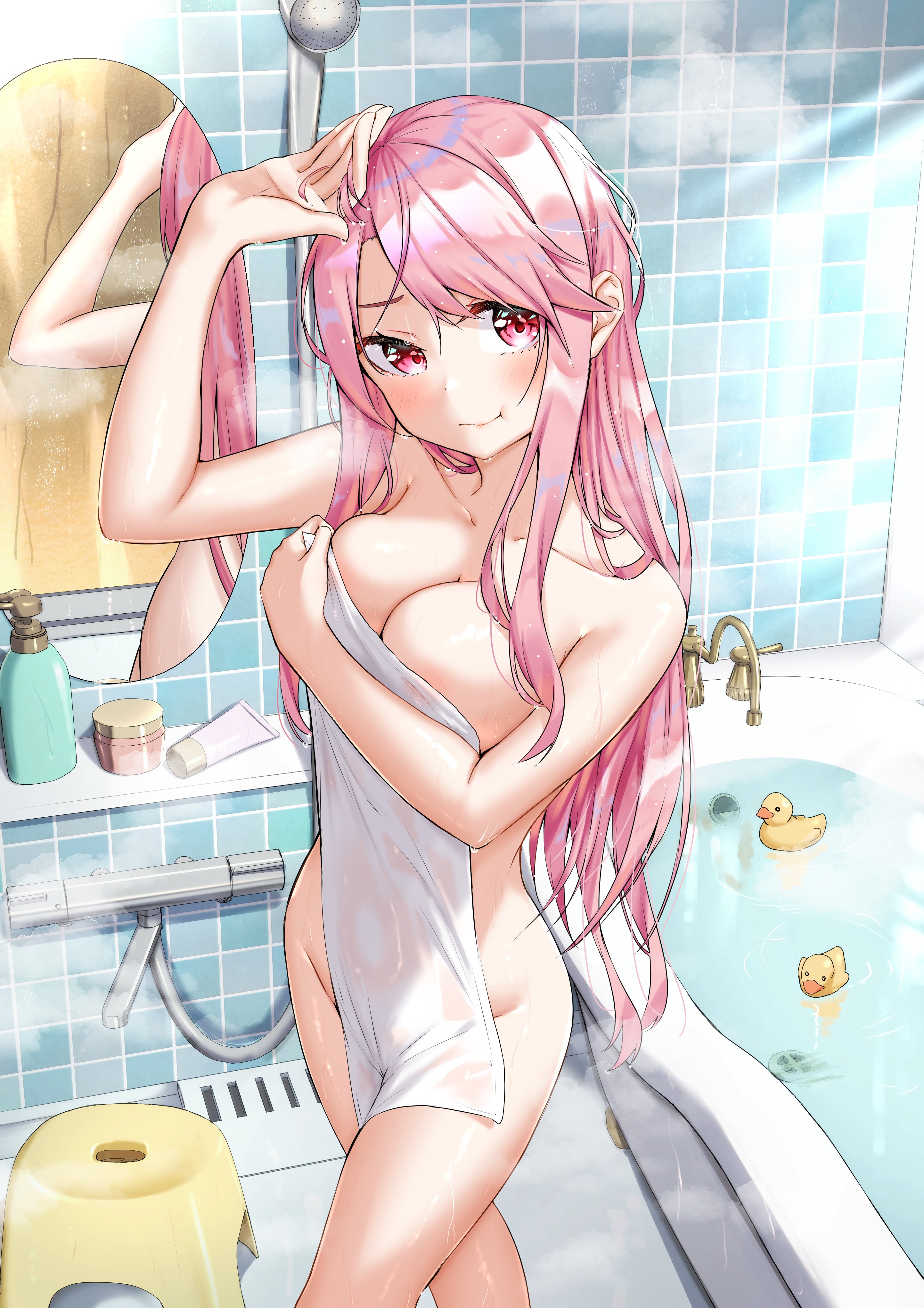 sahara386, kamagaya momoka, kamikakushi no eden, absurdres, commentary request, highres, 1girl, bath stool, bathroom, bathtub, breasts, cleavage, closed mouth, collarbone, feet out of frame, hair down, hand up, large breasts, long hair, looking at viewer, mirror, naked towel, pink eyes, pink hair, reflection, rubber duck, solo, standing, stool, tile wall, tiles, towel