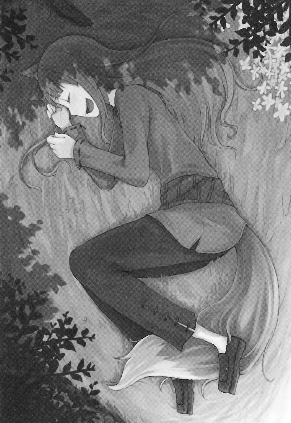 ayakura juu, holo, spice and wolf, highres, 00s, animal ears, closed eyes, greyscale, long hair, lying, monochrome, solo, tail, wolf ears, wolf tail