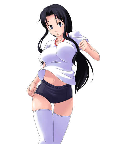toshifumi, hosokawa kanako, maria-sama ga miteru, 00s, 1girl, :o, black hair, blue eyes, bouncing breasts, breasts, buruma, female focus, gym uniform, large breasts, long hair, midriff, navel, open mouth, simple background, solo, thigh gap, thighhighs, thighs, zettai ryouiki