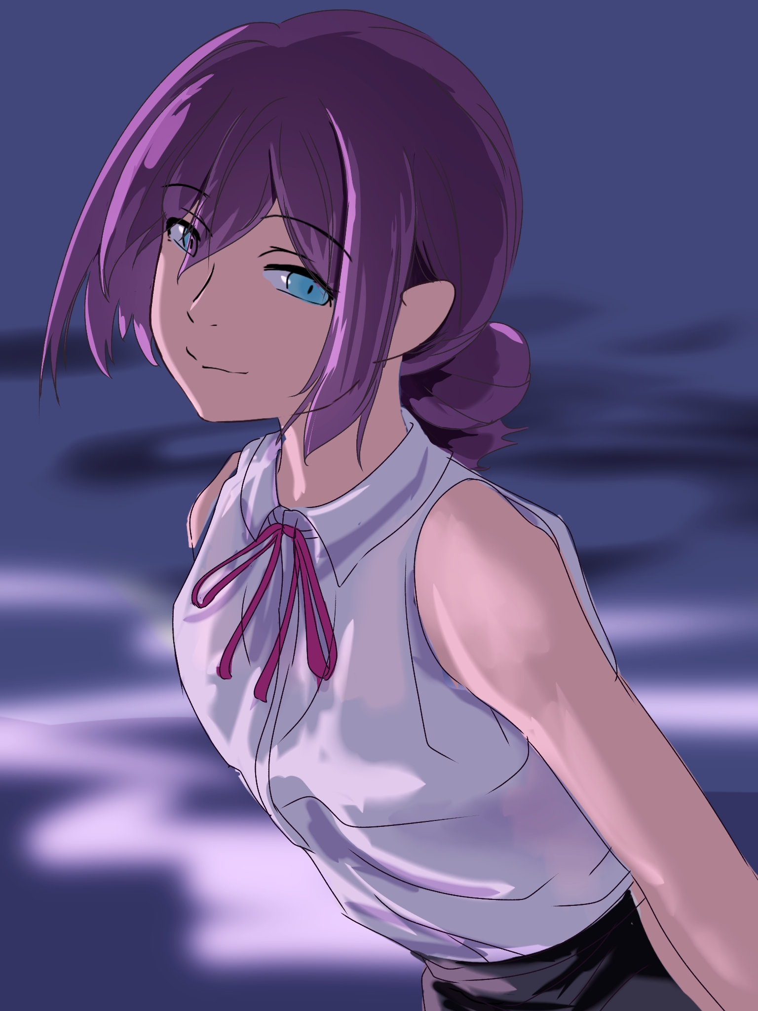 na (ganatganatganat), reze (chainsaw man), chainsaw man, highres, 1girl, black shorts, blue eyes, closed mouth, collared shirt, hair bun, looking at viewer, purple hair, purple ribbon, ribbon, shirt, shirt tucked in, shorts, sleeveless, sleeveless shirt, solo, white shirt