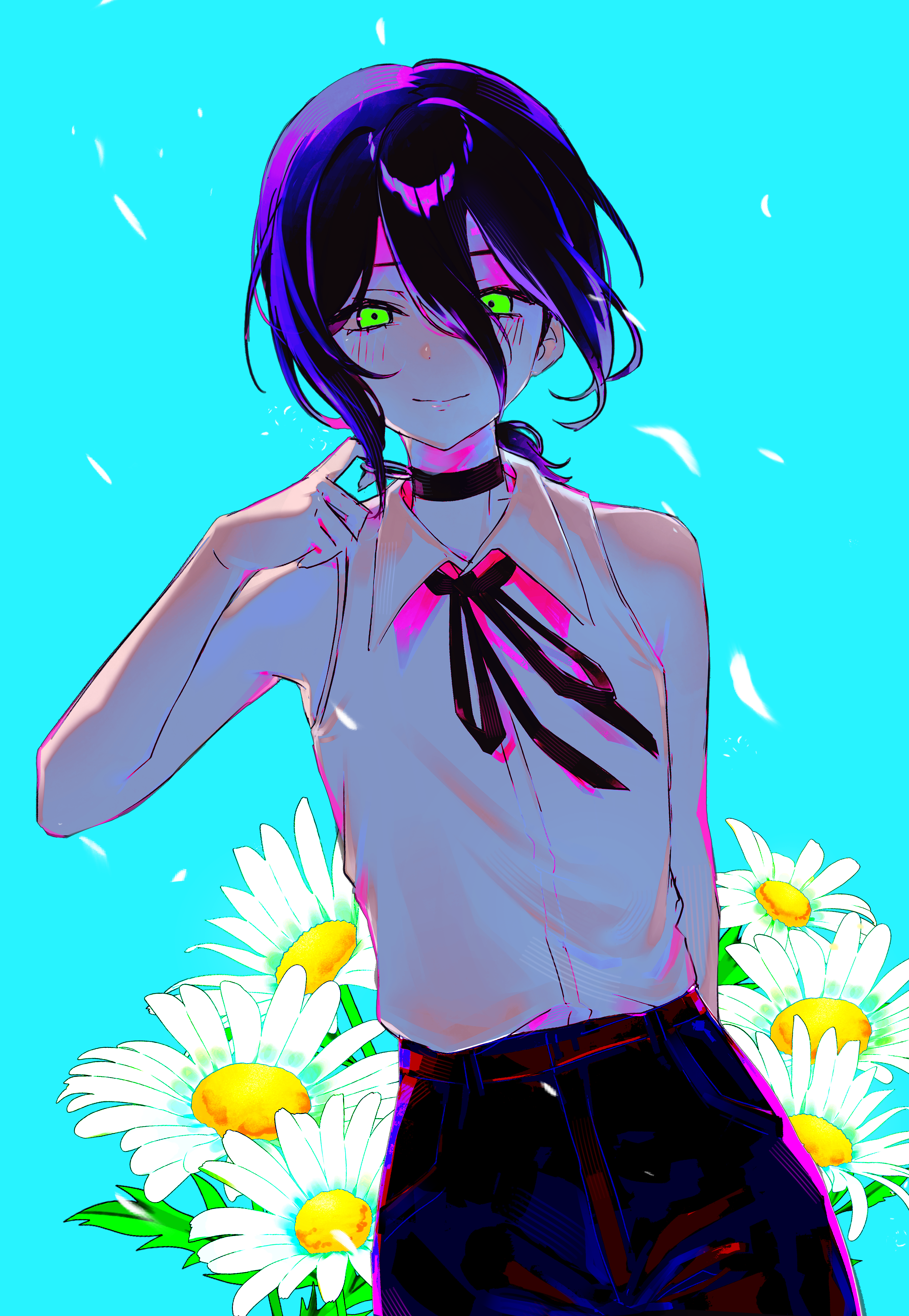 kumomo (pixiv 42378903), reze (chainsaw man), chainsaw man, absurdres, highres, 1girl, aqua background, black choker, black ribbon, black shorts, choker, closed mouth, collared shirt, flower, green eyes, grenade pin, hair between eyes, neck ribbon, purple hair, ribbon, shirt, shorts, sleeveless, sleeveless shirt, solo, white flower, white shirt