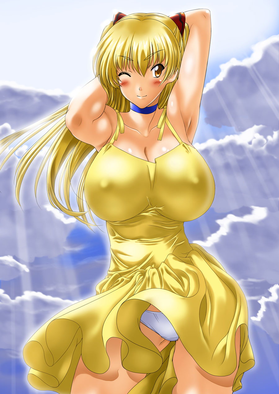 kamia (not found), matsuoka kiyone, souryuu asuka langley, neon genesis evangelion, original, highres, 1girl, armpits, arms behind back, blonde hair, blush, breasts, choker, cleavage, cosplay, covered erect nipples, curvy, dress, female focus, huge breasts, long hair, one eye closed, panties, pantyshot, smile, solo, twintails, underwear, wind, wind lift, wink, yellow dress