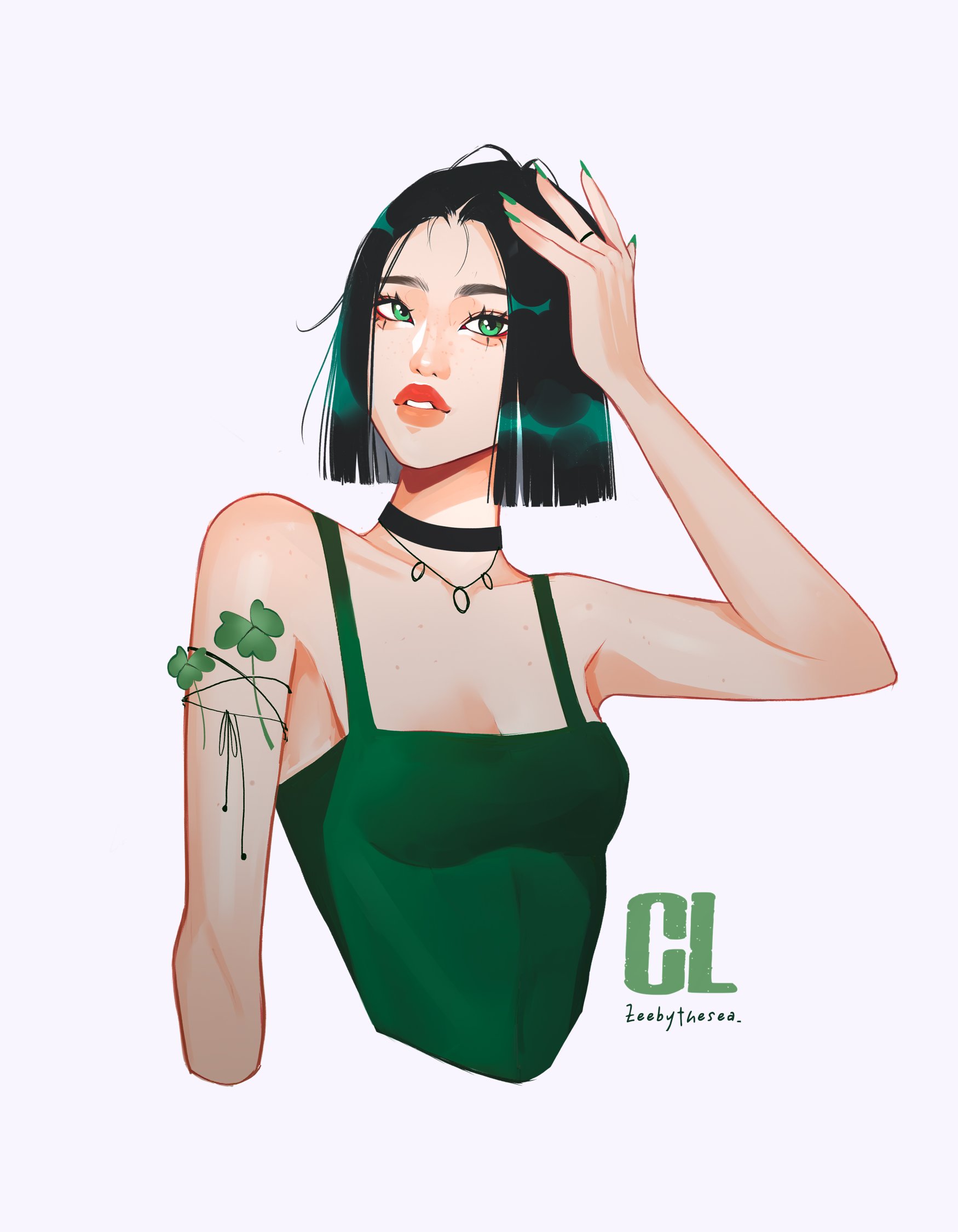zeebythesea, original, highres, 1girl, aegyo sal, artist name, asian, black choker, bob cut, body freckles, choker, clover, cropped torso, english text, eyelashes, fashion, fingernails, forehead, four-leaf clover, freckles, green bustier, green eyes, green hair, green nails, hand on own head, humanization, jewelry, long fingernails, looking to the side, nail polish, necklace, parted bangs, parted lips, ring, short hair, straight hair, thick eyebrows, thick lips, upper body, white background