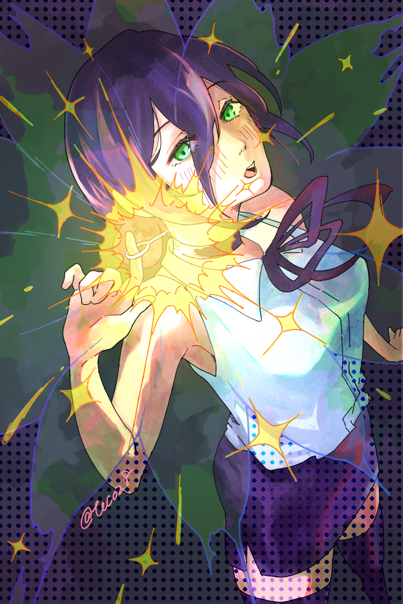 tecoz8, reze (chainsaw man), chainsaw man, highres, 1girl, breasts, collared shirt, green eyes, grenade pin, hair between eyes, imminent explosion, large breasts, open mouth, purple hair, purple ribbon, purple skirt, purple thighhighs, ribbon, shirt, skirt, sleeveless, sleeveless shirt, solo, thighhighs, white shirt