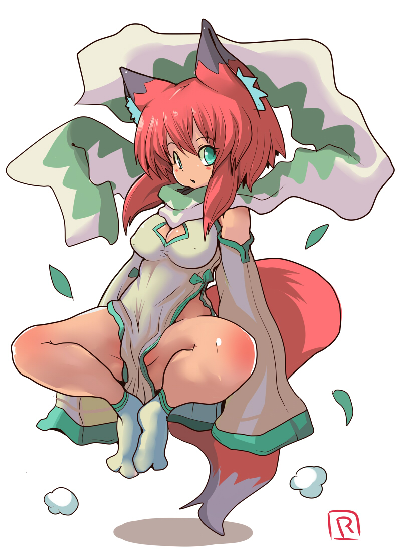 ryuno, 1girl, animal ears, blue eyes, blush, breasts, cleavage, female focus, floating, fox ears, fox tail, full body, looking at viewer, red hair, scarf, short hair, solo, tail