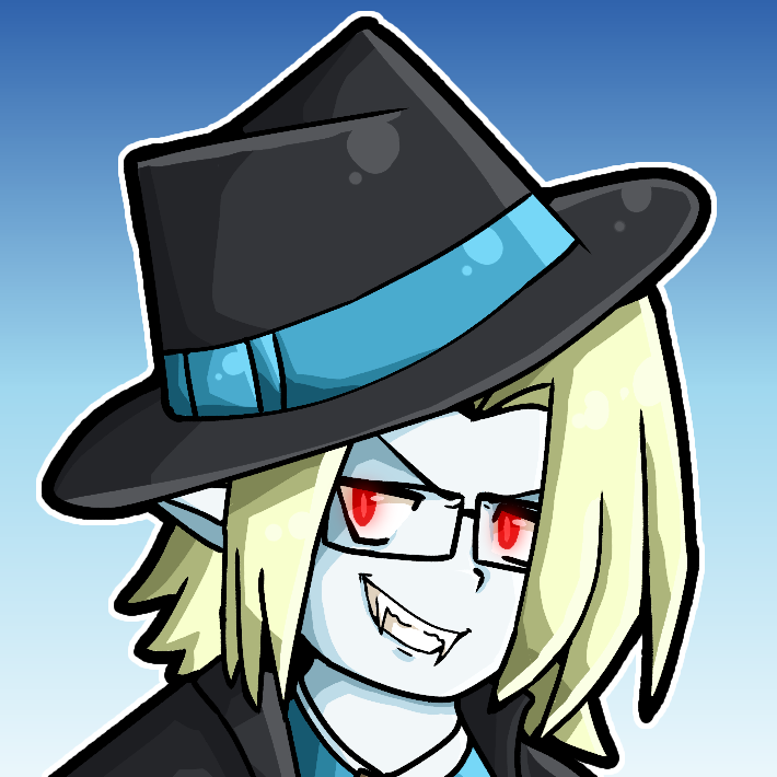 utau, allistair sanoto, blue skin, colored skin, fangs, fedora, hat, pointy ears, red eyes, whiteglove