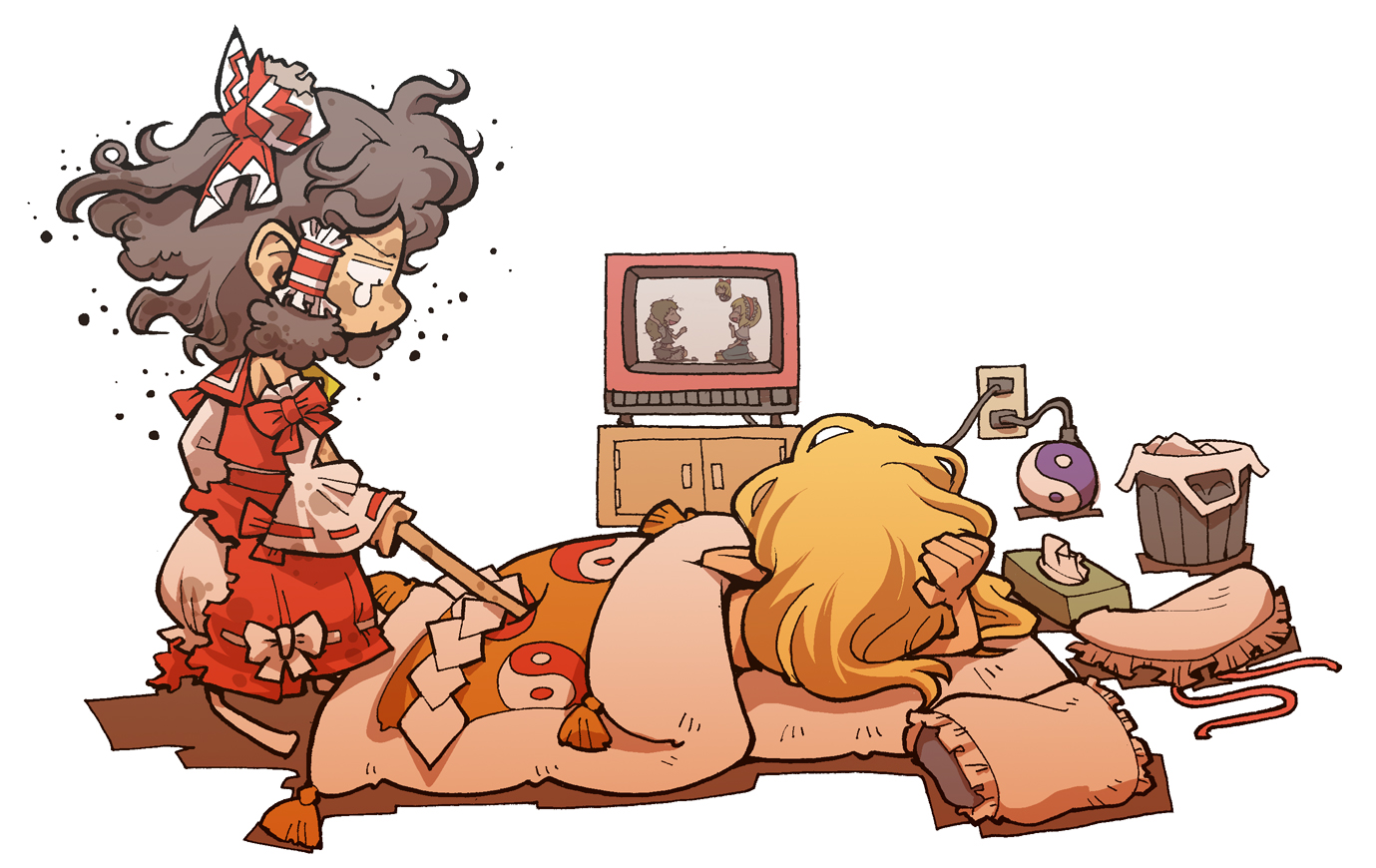 hounori, inishie, alice margatroid, hakurei reimu, kirisame marisa, shanghai doll, yakumo yukari, touhou, bad id, bad pixiv id, 2girls, chibi, dirty, female focus, gohei, indoors, multiple girls, poking, skirt, television, white background, yin yang
