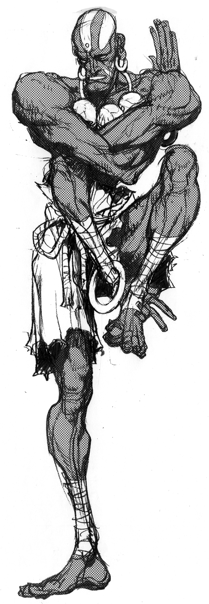 nishimura kinu, dhalsim, street fighter, street fighter ii (series), game cg, highres, non-web source, official art, 1boy, ankle wrap, bald, bindi, dark skin, earrings, elasticity, extendable limbs, facepaint, full body, greyscale, hoop earrings, jewelry, knee up, male focus, monochrome, muscular, necklace, rope belt, simple background, skull, skull necklace, solo, white background, wrist wrap