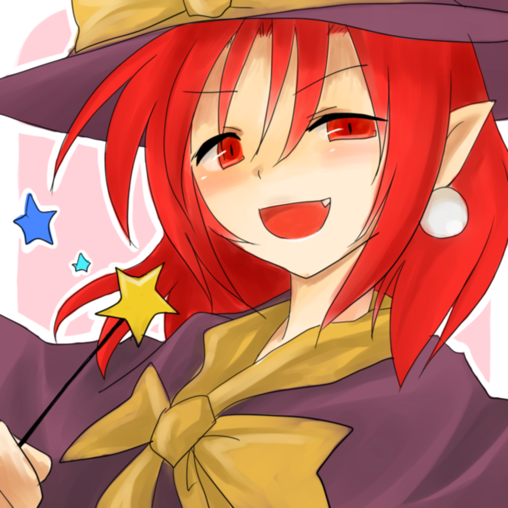 suna kiririto, kirisame marisa, kirisame marisa (pc-98), story of eastern wonderland, the story of eastern wonderland, touhou, touhou (pc-98), 1girl, earrings, fang, female focus, hat, jewelry, open mouth, pointy ears, red eyes, red hair, solo, star (symbol), wand, witch, witch hat