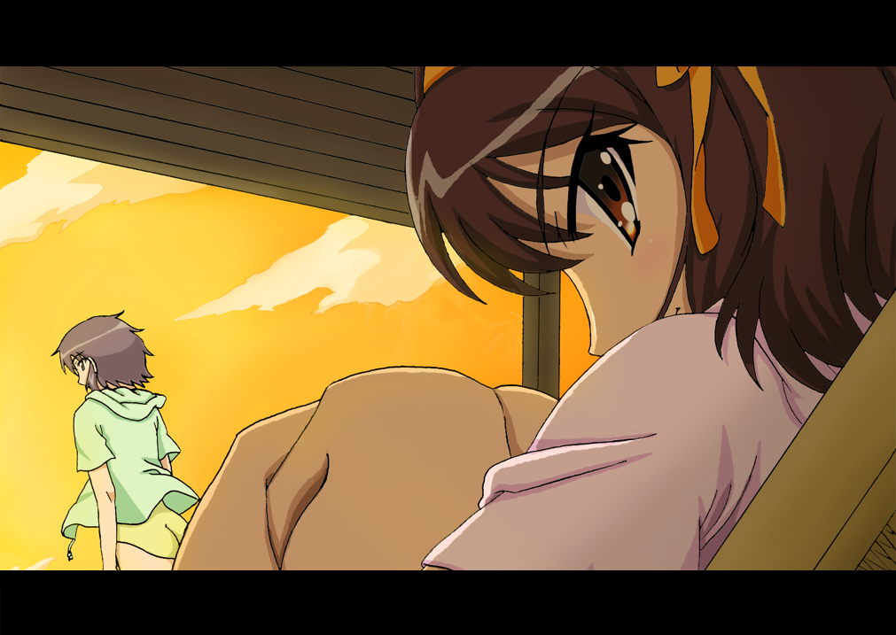 nagato yuki, suzumiya haruhi, suzumiya haruhi no yuuutsu, silver hair, 00s, brown eyes, brown hair, hairband, hood, hoodie, hugging own legs, letterboxed, looking back, short hair, smile, sunset, swimsuit