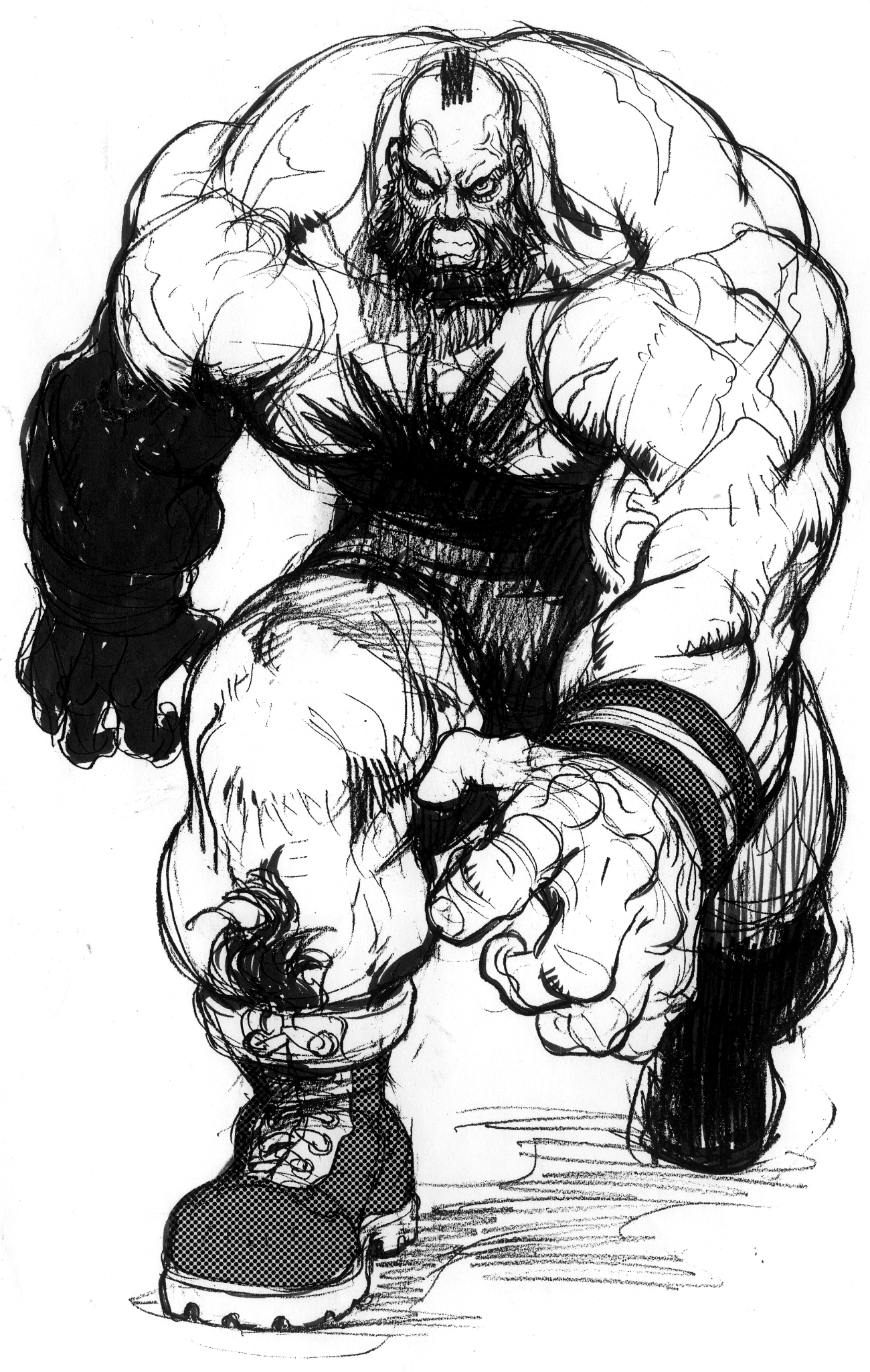 nishimura kinu, zangief, street fighter, street fighter ii (series), game cg, highres, non-web source, official art, 1boy, angry, beard, chest hair, clenched teeth, facial hair, facing viewer, full body, greyscale, leg hair, looking at viewer, male focus, mohawk, monochrome, muscular, muscular male, scar, scar on arm, simple background, solo, striped sweatband, teeth, topless male, veins, veiny arms, veiny face, walking, white background, wrestler, wrestling outfit