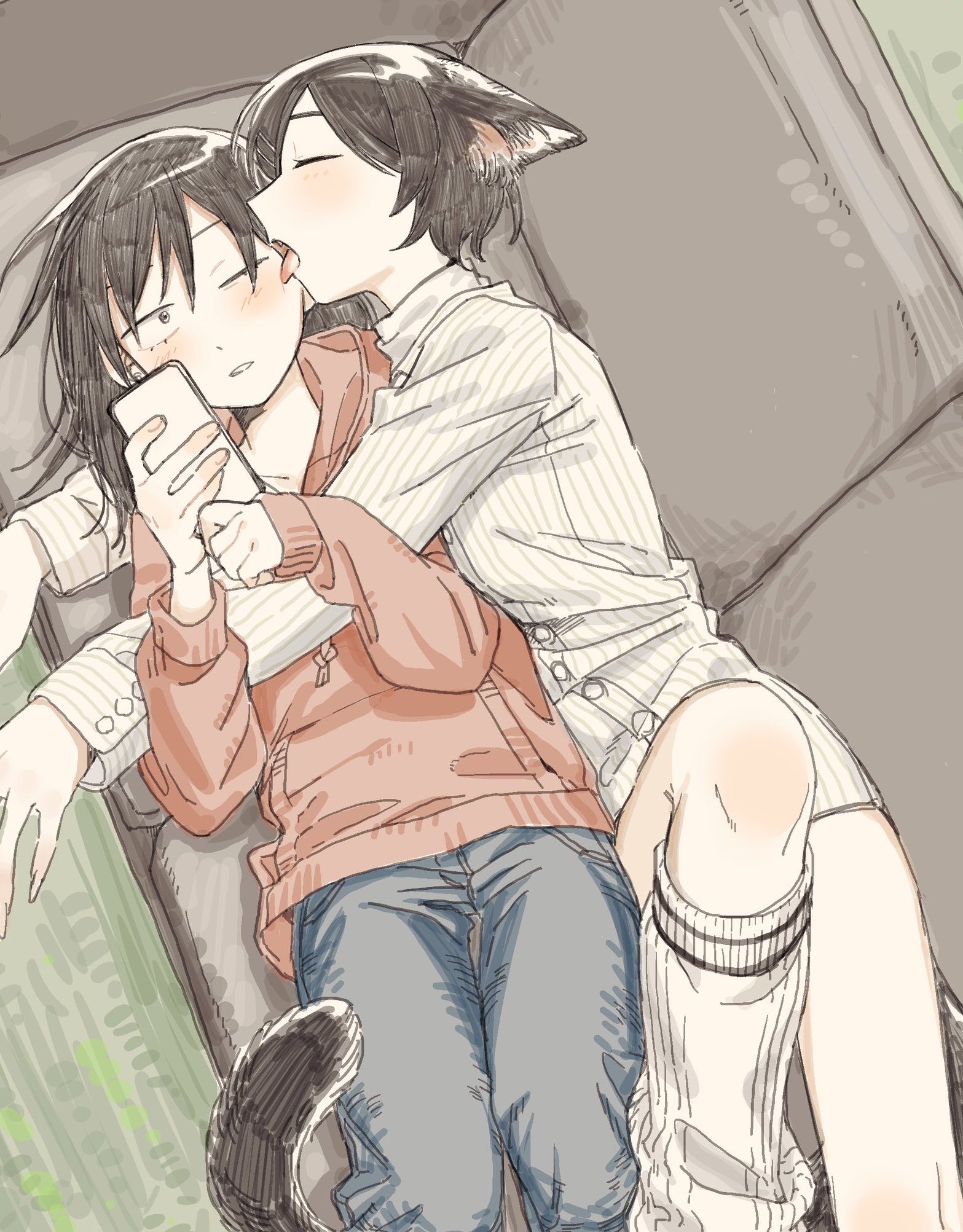 rra (yj), hatono chihiro, kouyama rin, futsuu no keion-bu, small pupils, commentary, highres, symbol-only commentary, 2girls, animal ears, black hair, black tail, blue pants, blush, casual, cat ears, cat girl, cat tail, cellphone, closed eyes, couch, denim, dress shirt, from above, holding, holding phone, hood, hoodie, hug, jeans, kemonomimi mode, licking, licking another's face, long sleeves, loose socks, lying, medium hair, multiple girls, official alternate costume, on back, on couch, on side, one eye closed, pants, parted lips, phone, red hoodie, shirt, short hair, smartphone, socks, striped clothes, striped shirt, tail, vertical-striped clothes, vertical-striped shirt, white shirt, white socks, yuri