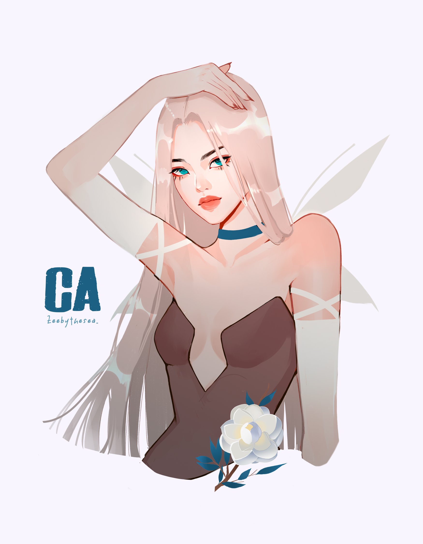 zeebythesea, original, highres, 1girl, aegyo sal, aqua choker, aqua eyes, arm up, artist name, asian, breasts, brown bustier, camellia, choker, closed mouth, cropped torso, elbow gloves, english text, eyelashes, eyeliner, fashion, fingernails, flower, flower wings, forehead, gloves, gradient gloves, hand on own head, humanization, long fingernails, long hair, looking at viewer, makeup, medium breasts, nail polish, parted lips, plunging neckline, red eyeliner, red nails, see-through clothes, see-through gloves, straight hair, strapless, thick eyebrows, thick lips, upper body, white background, white flower, white gloves, white hair