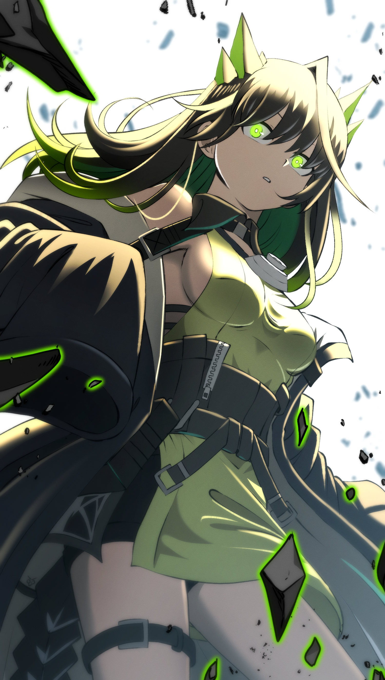 samacho, mon3tr (arknights), arknights, absurdres, commentary, english commentary, highres, 1girl, ahoge, bike shorts, black coat, black hair, black shorts, breasts, coat, colored inner hair, cowboy shot, crystal tail, dress, expressionless, floating rock, glowing, glowing eyes, green dress, green eyes, green hair, hair between eyes, huge ahoge, long hair, medium breasts, multicolored hair, off shoulder, open clothes, open coat, parted lips, short dress, shorts, shorts under skirt, sideboob, simple background, sleeves past fingers, sleeves past wrists, solo, standing, stethoscope, stethoscope around neck, thigh strap, two-tone hair, white background, wing collar