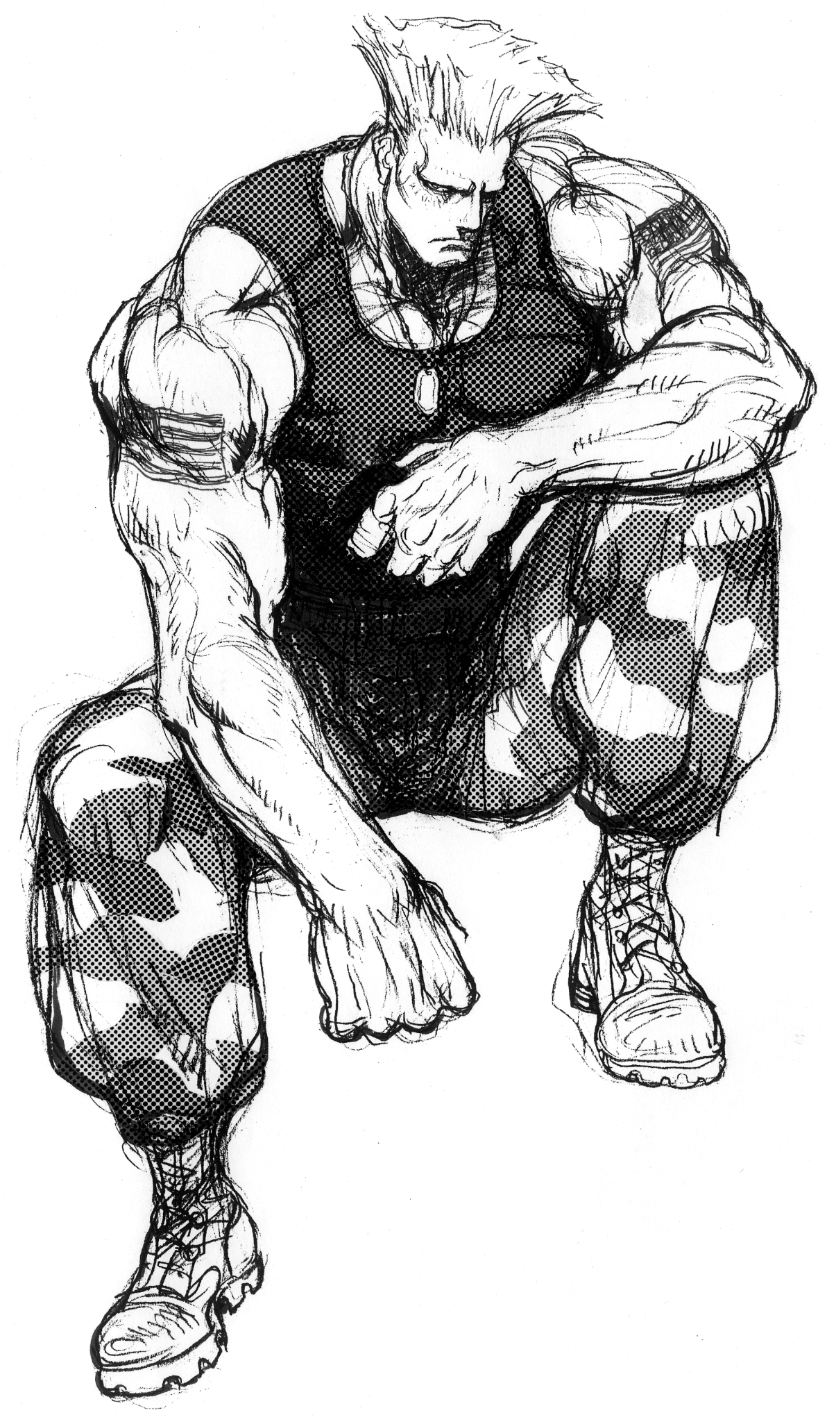 nishimura kinu, guile, street fighter, street fighter ii (series), game cg, highres, non-web source, official art, 1boy, american flag, american flag tattoo, boots, camouflage, camouflage pants, dog tags, elbow on knee, flattop, full body, knee up, male focus, monochrome, muscular, muscular male, pants, simple background, sitting, solo, tank top, tattoo, white background