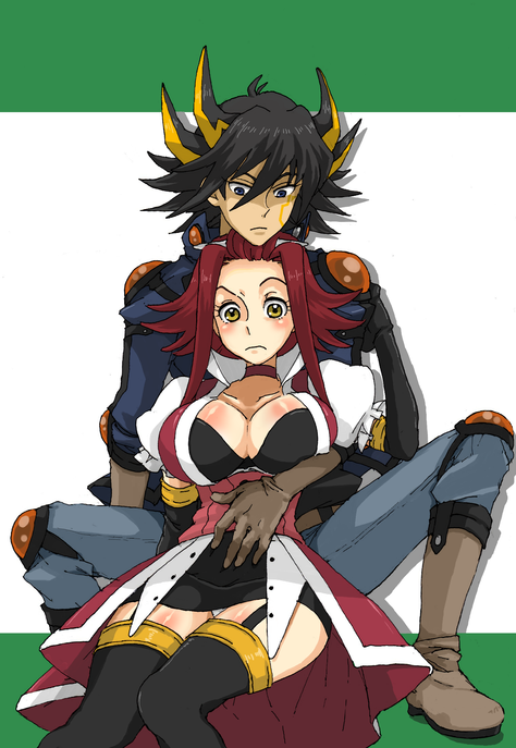 kinkan, fudo yusei, izayoi aki, yu-gi-oh!, yu-gi-oh! 5d's, bad id, bad pixiv id, 00s, 1boy, 1girl, blue eyes, blush, boots, breasts, choker, cleavage, couple, dress, gloves, hetero, hug, hug from behind, large breasts, manly, multicolored hair, panties, pantyshot, red hair, skirt, streaked hair, thighhighs, underwear, upskirt, yellow eyes