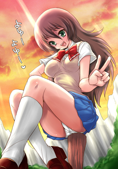 koari, long hair, panties, ribbon, school uniform, serafuku, skirt, socks, solo, underwear