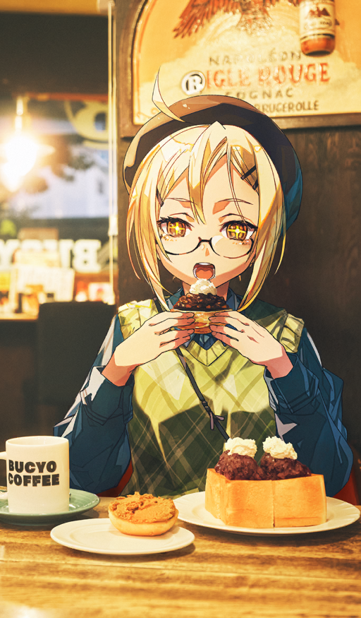 bunbun, artoria pendragon (fate), mysterious heroine x alter (fate), fate/grand order, fate (series), commentary request, food request, game cg, official art, third-party source, + +, 1girl, ahoge, beret, black hat, blonde hair, blue shirt, cup, eating, food, glasses, green sweater vest, hair ornament, hairclip, hands up, hat, holding, holding food, indoors, long sleeves, mug, mysterious heroine x alter (over the same sky) (fate), open mouth, photo background, plaid clothes, plaid sweater vest, shirt, short hair, sidelocks, sitting, solo, sweater vest, upper body, wing collar, yellow eyes
